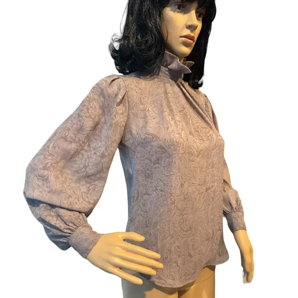 American vintage Bethany petites Gray Blouse with ruffled high neck size 4